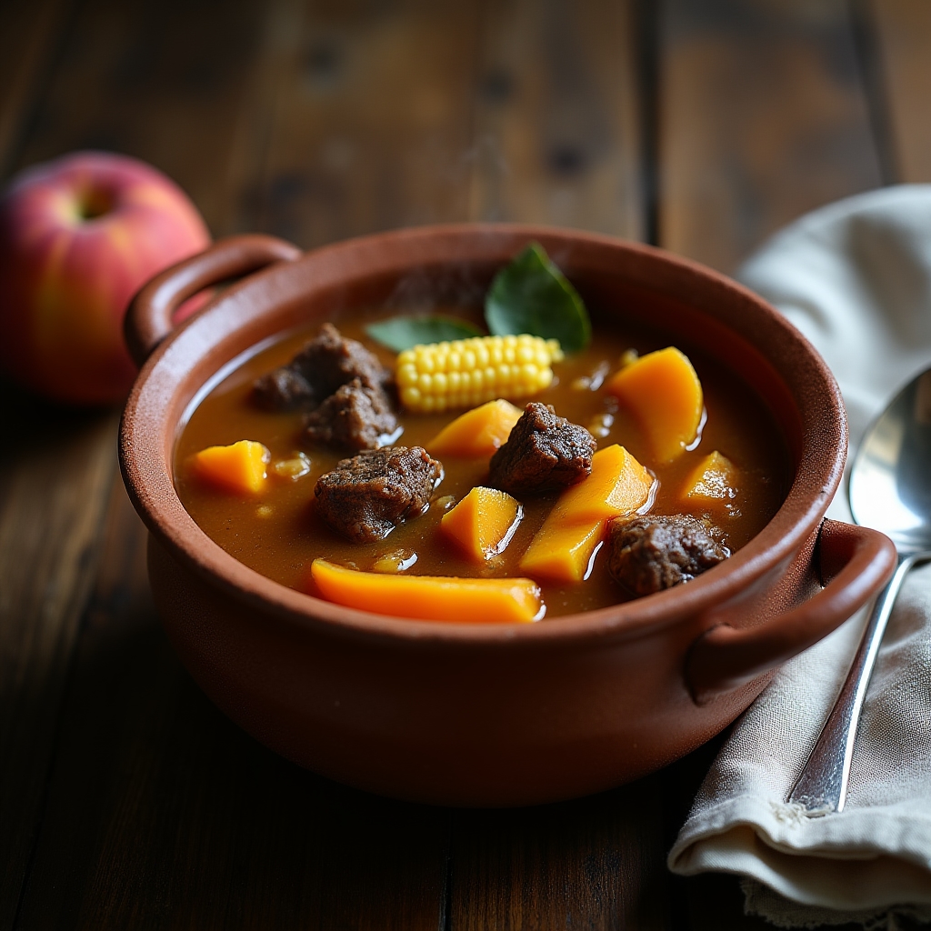 Cazuela de carbonada cuyana con zapallo, durazno, choclo y carne en trozos