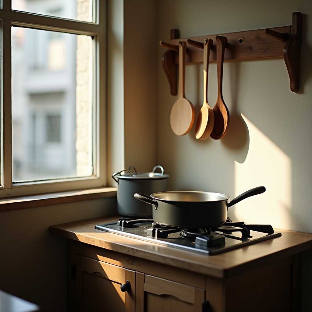 Cocina pequeña con una hornalla, una olla y utensilios básicos sobre una mesada reducida