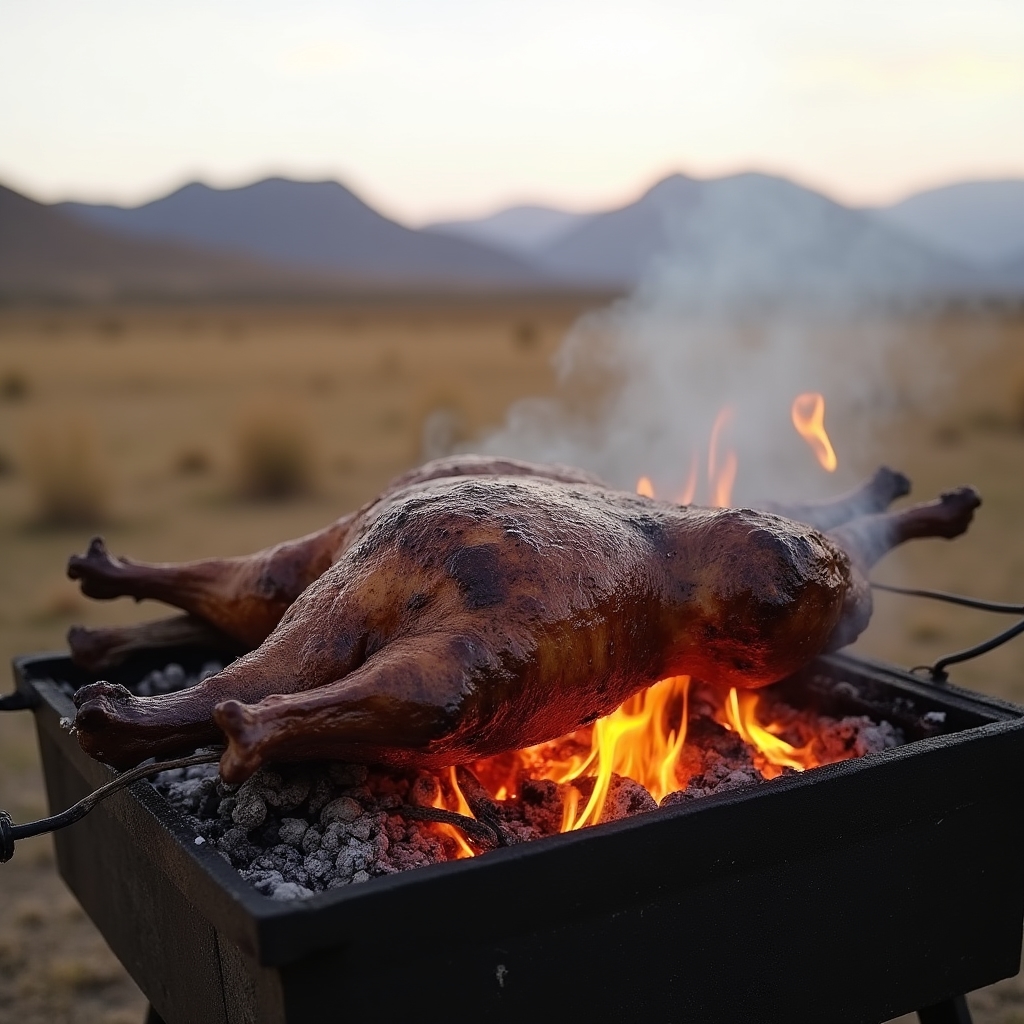 Cordero patagónico abierto en cruz cocinándose lentamente junto a brasas al costado