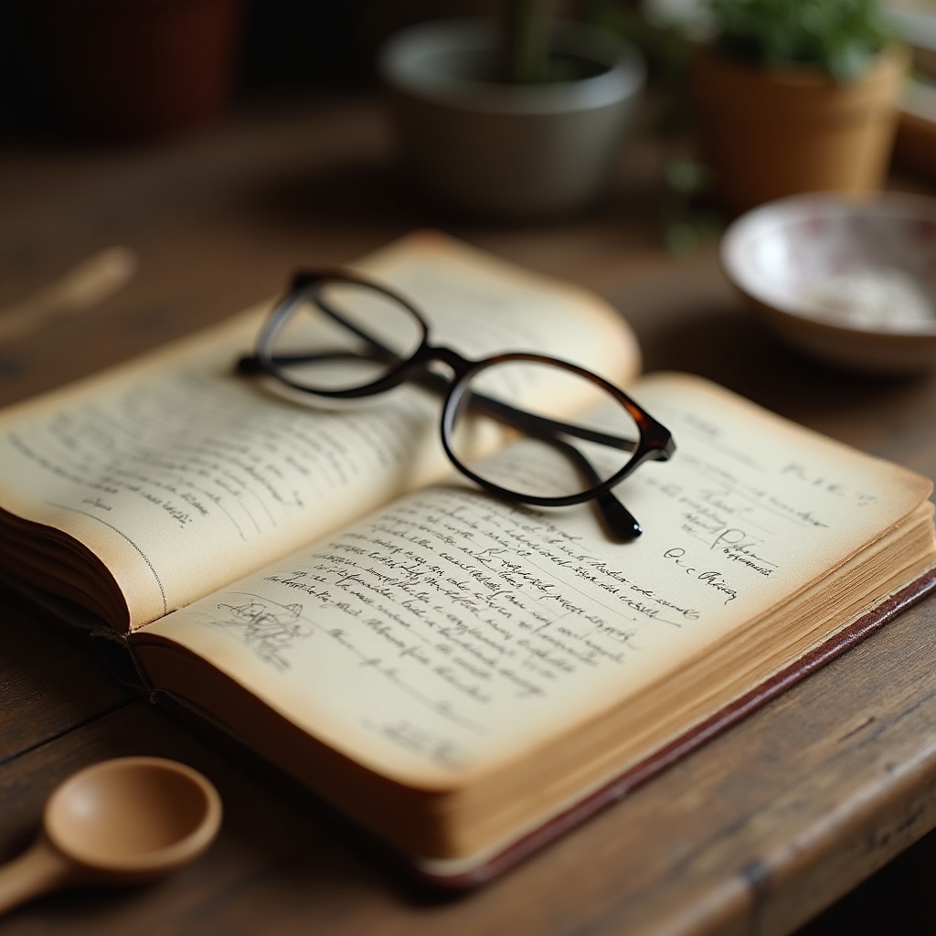 Cuaderno de recetas familiares escrito a mano, abierto sobre una mesada de cocina