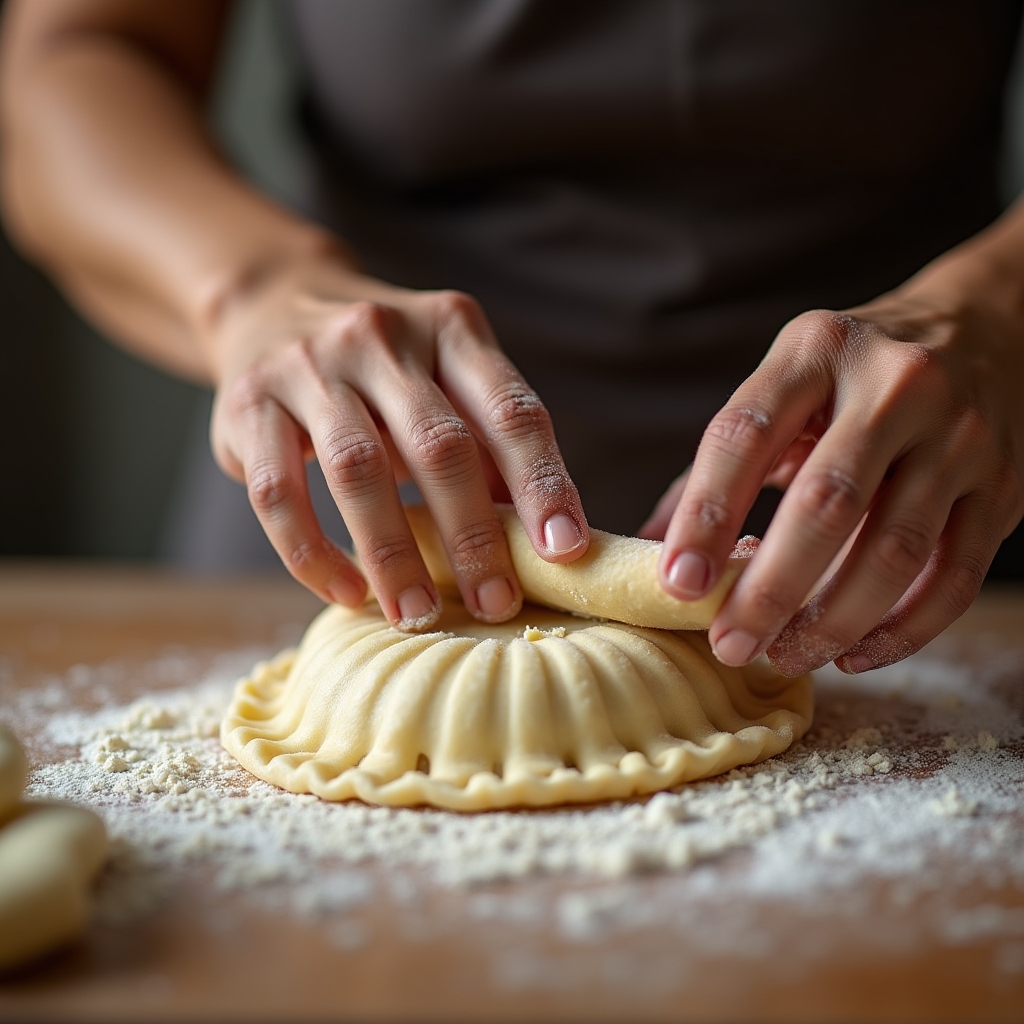 Manos armando el repulgo trenzado de empanadas tucumanas sobre una mesa de madera