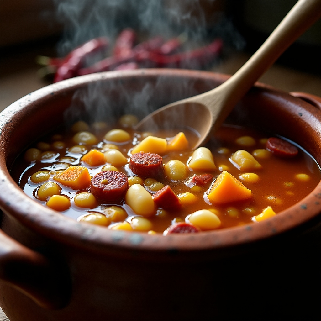 Olla de barro con locro santiagueño recién servido, con maíz, zapallo y carnes visibles