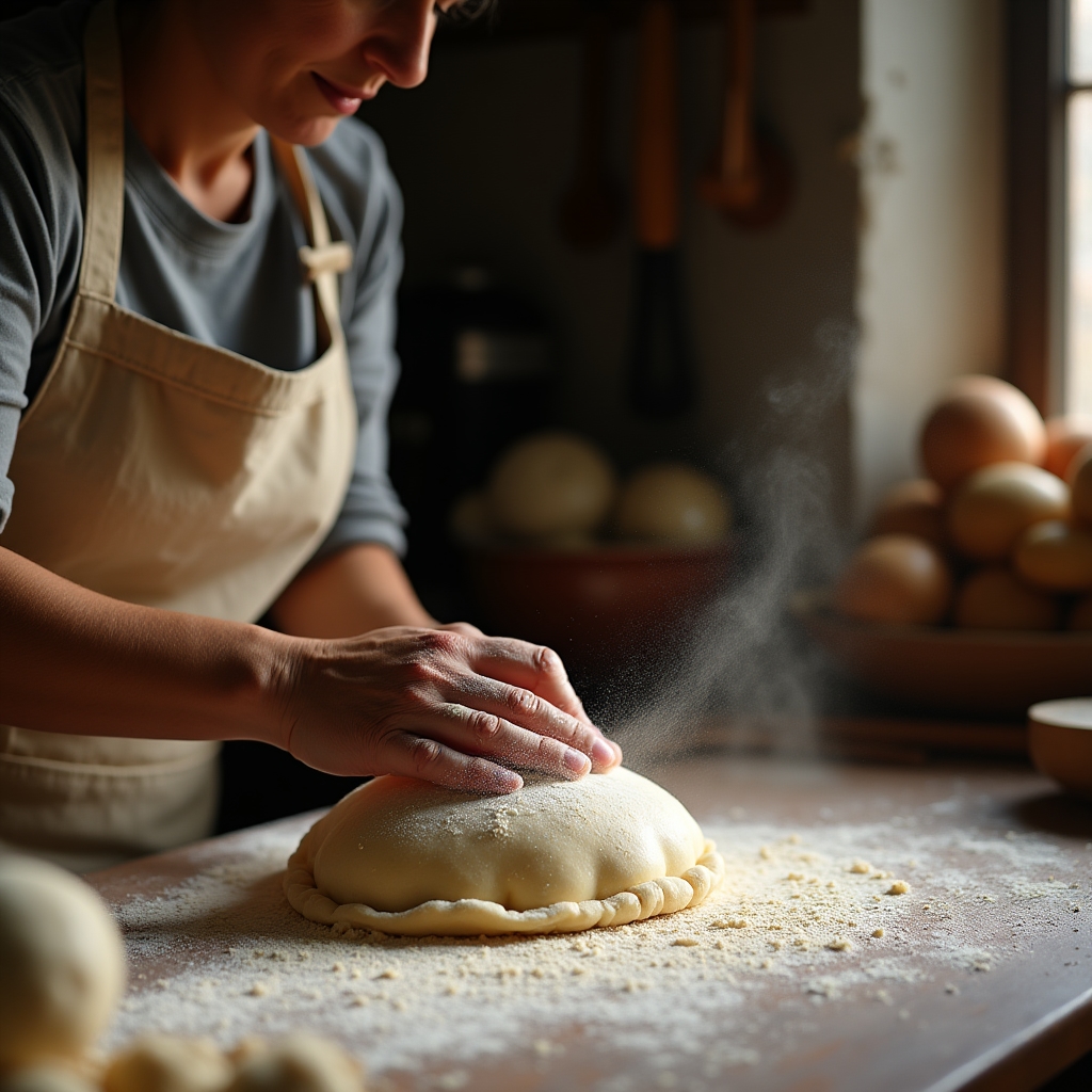 Manos de una mujer adulta amasando masa para empanadas sobre una mesada de madera clara