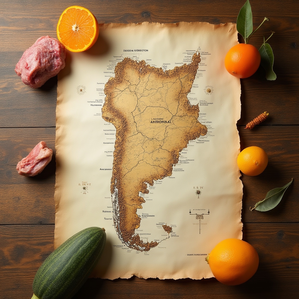 Mesa con mapa de regiones argentinas junto a ingredientes típicos de cada zona, maíz, cordero y frutas