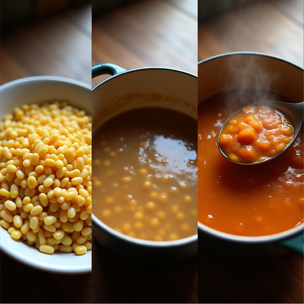 Tres fotografías en secuencia mostrando distintas etapas de cocción de un locro en una olla grande